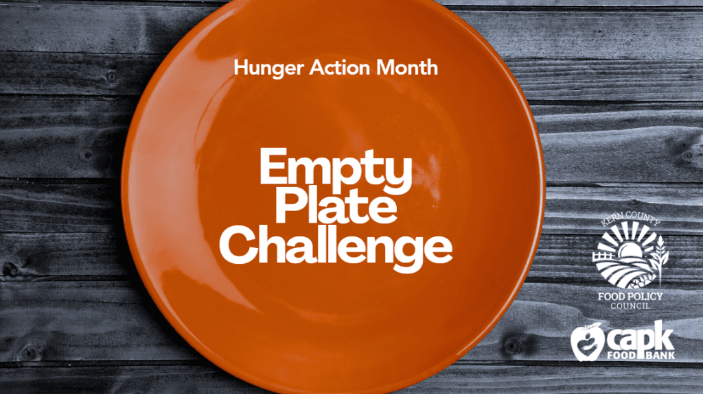 A photo of an orange empty plate with the text Empty Plate Challenge overlaid on top of it. The image is watermarked by the Kern County Food Policy Council logo and the capk Food Bank logo.