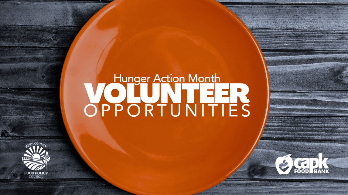 A photo of an orange empty plate with the text Volunteer Opportunities overlaid on top of it. The image is watermarked by the Kern County Food Policy Council logo and the capk Food Bank logo.
